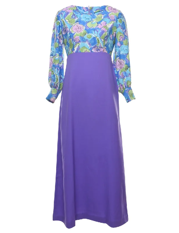 1970s Floral Print Purple & Blue Maxi Dress - S