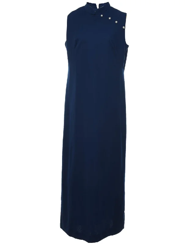 1970s Navy Pearl Detail Maxi Dress - L