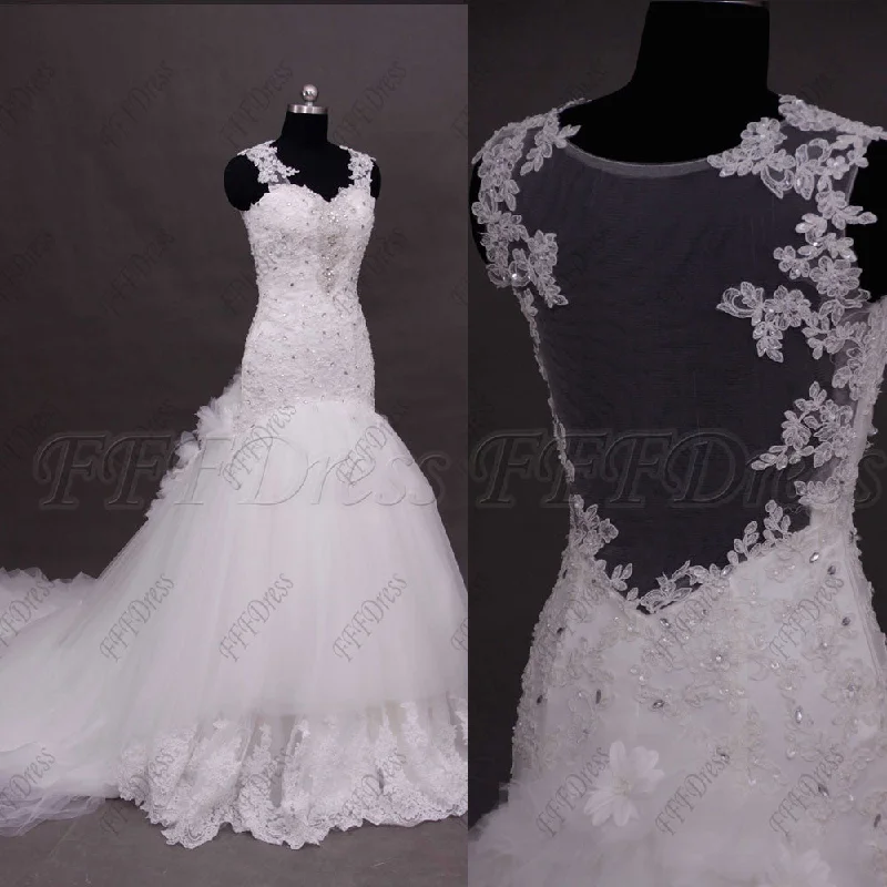 Backless beaded mermaid lace tiered wedding dresses