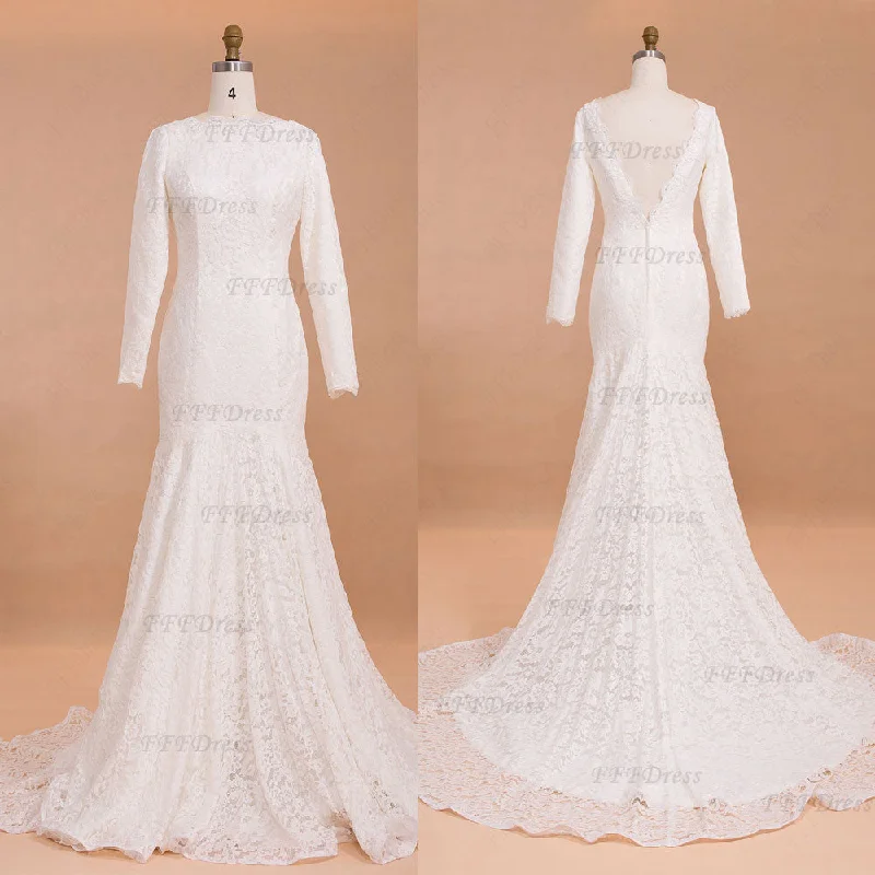 Backless Trumpet Lace Wedding Dresses with Long Sleeves