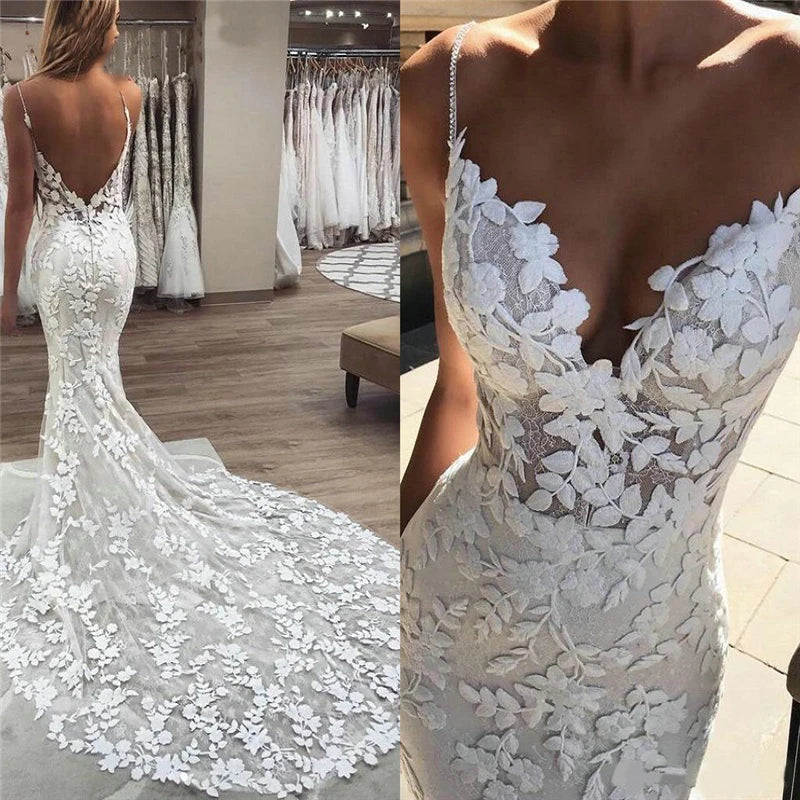 Boho Lace Appliques Wedding Dress Mermaid Bridal Dresses