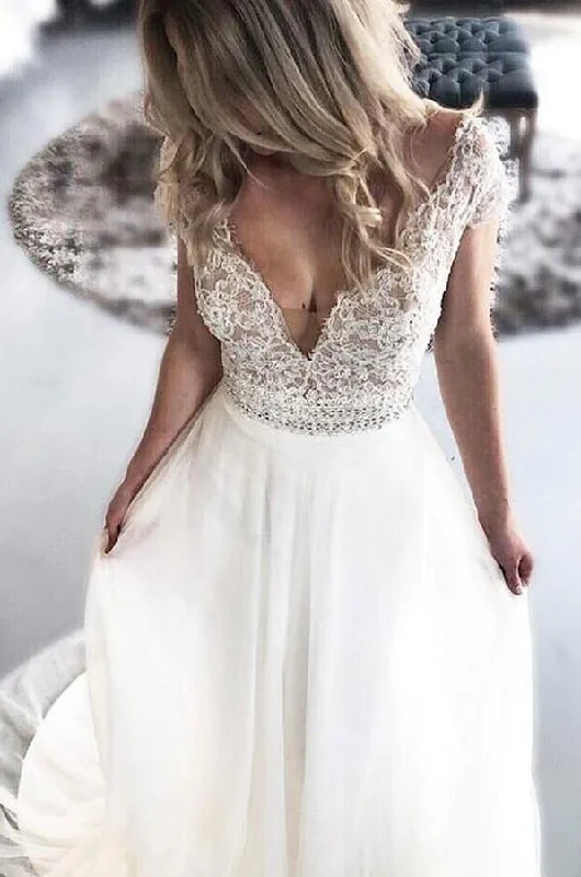 Cap Sleeves A-line V-Neck Wedding Dress DT1568