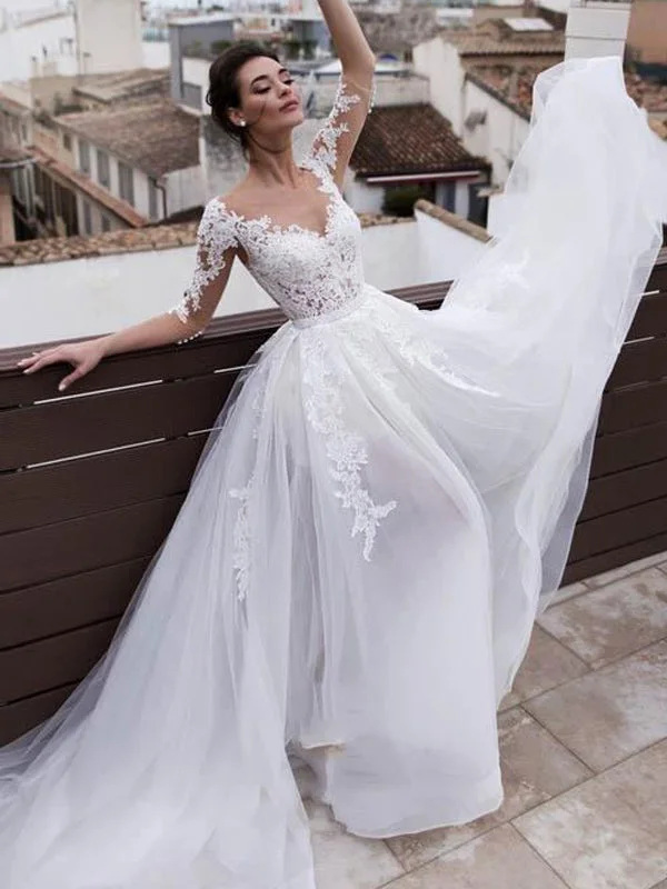 Luxury V-neck Lace Illusion A-line Detachable Long Wedding Dress, WD3038