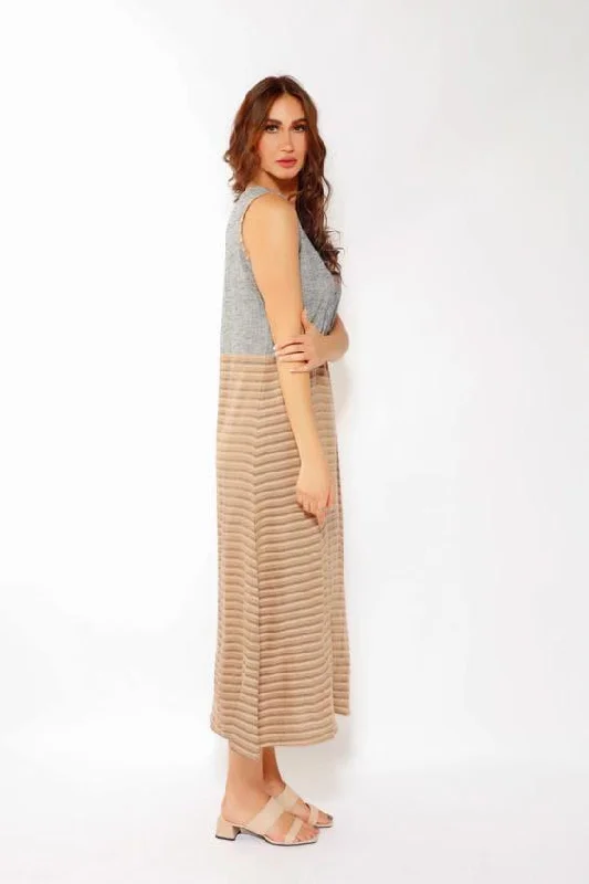 STRIPEY LONG DRESS IN BROWN