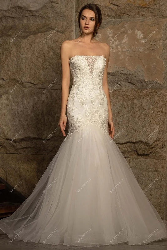 Designer Beaded Lace Strapless Court Train Trumpet Bridal Gown