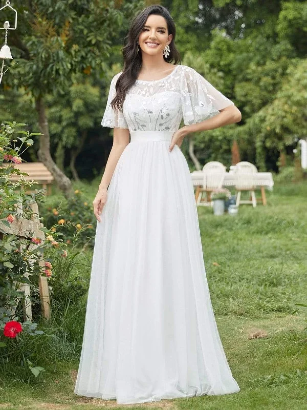 Elegant A-Line Short Sleeve Sequin Leaf Causal Wedding Dress