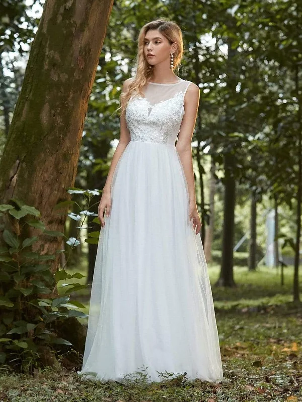 Elegant See Through Applique Simple Tulle Wedding Dress