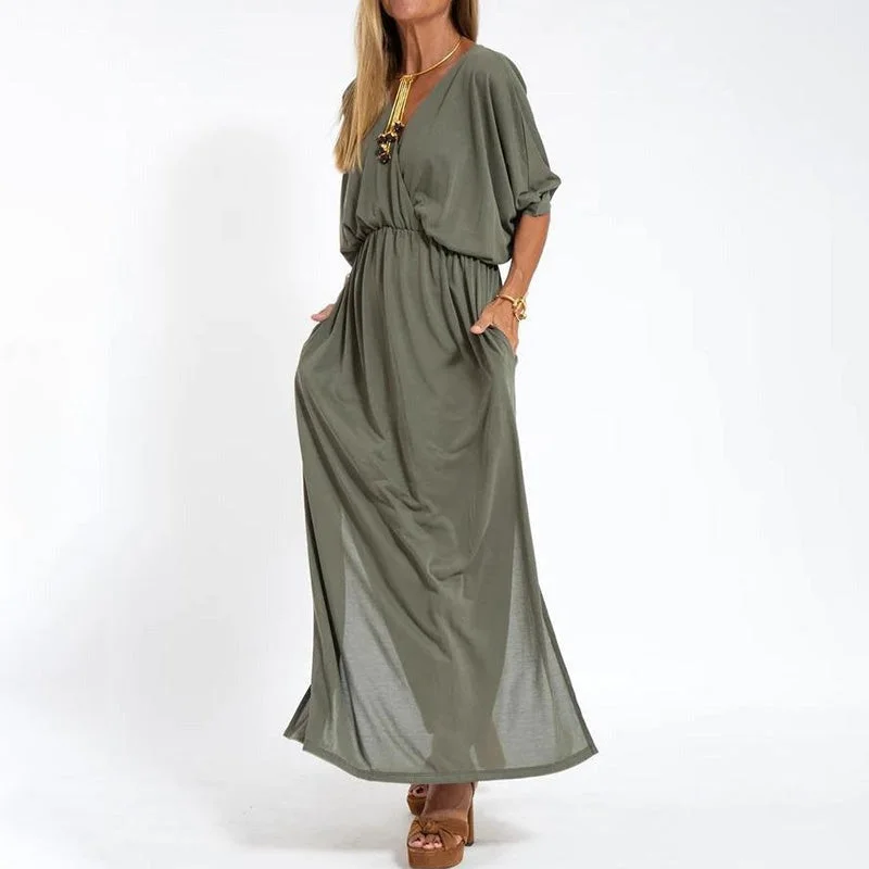 Elegant Solid Color High Waist V-Neck Maxi Dress