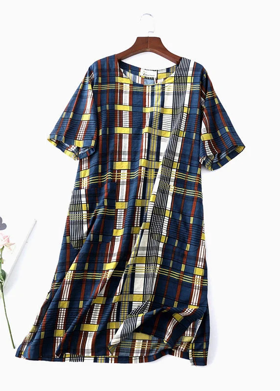 Women O Neck Tunic Dress Lnspiration Blue Plaid Maxi Dress