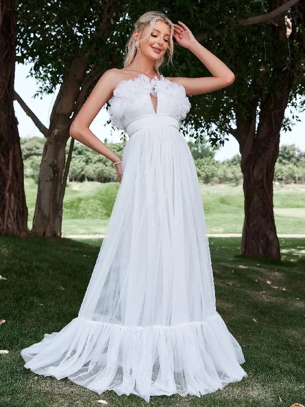 Floral Trim Layered Hem Mesh Tube Wedding Dress