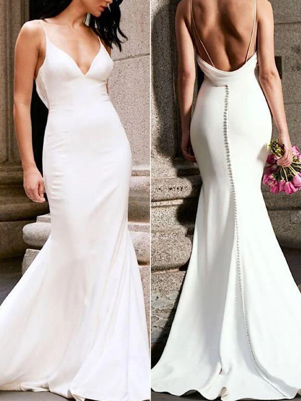 Sexy Mermaid V-neck Spaghetti Strap Backless Simple Long Wedding Dress, WD0606