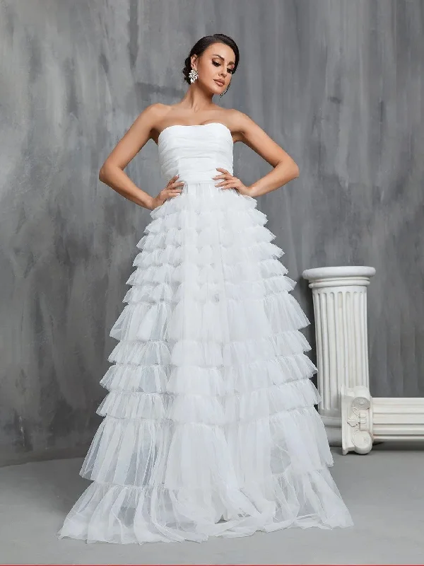 Mesh Layered Hem Tube Wedding Dress