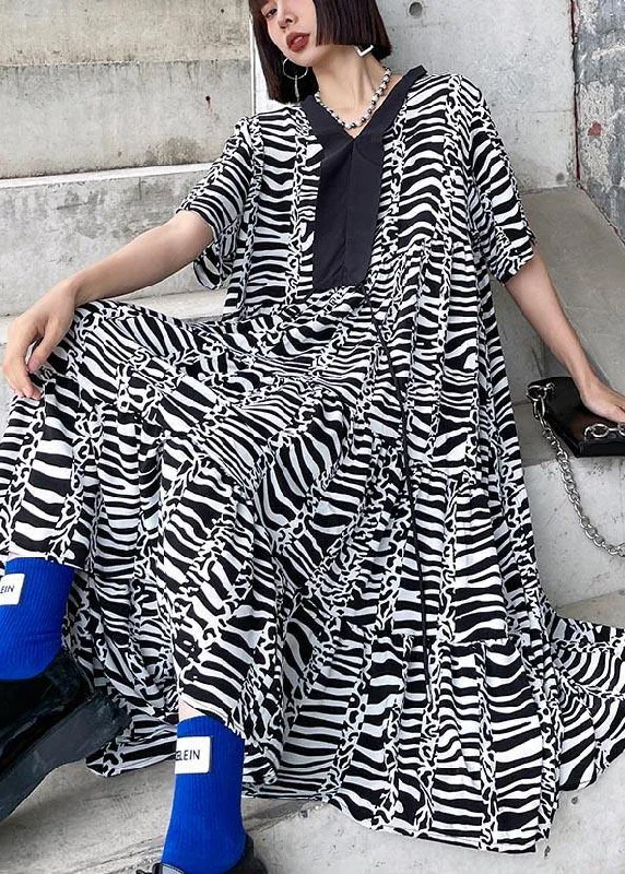 Natural Zebra pattern V Neck Cotton asymmetrical design Summer Maxi Dress