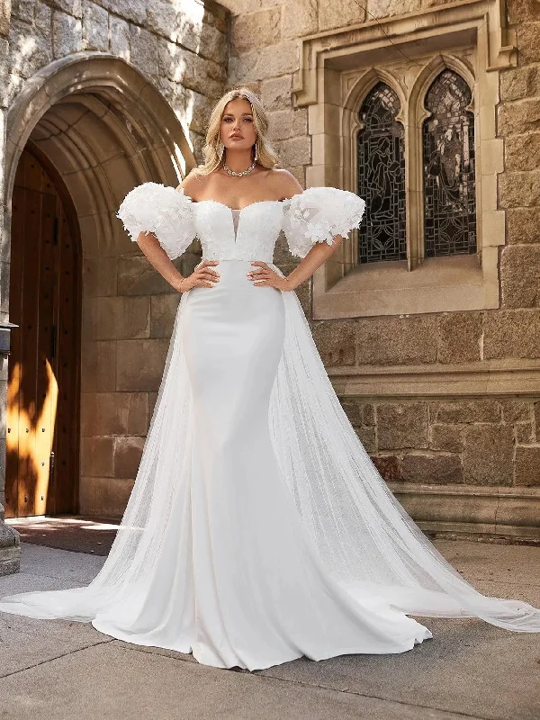 Off Shoulder Puff Sleeves Mesh Overlay Wedding Dress