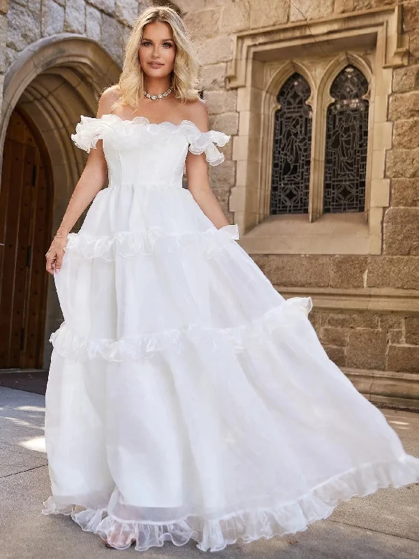 Off Shoulder Ruffle Trim Layered Hem Wedding Dress