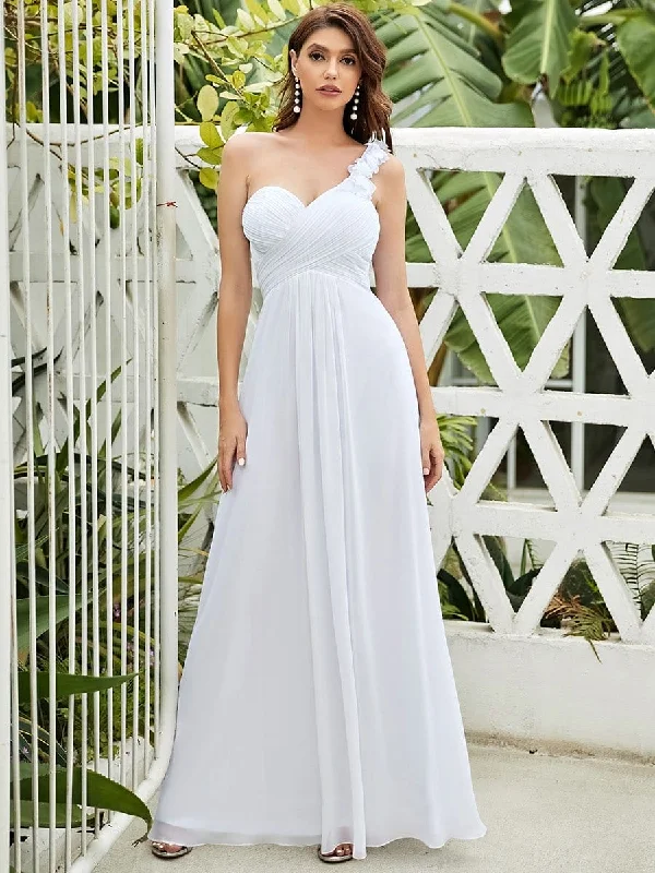 Pleated Bodice One Shoulder Simple Chiffon Wedding Dress