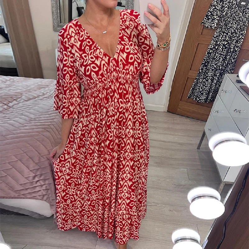 Red Mosaic Print 3/4 Sleeve Maxi Dress