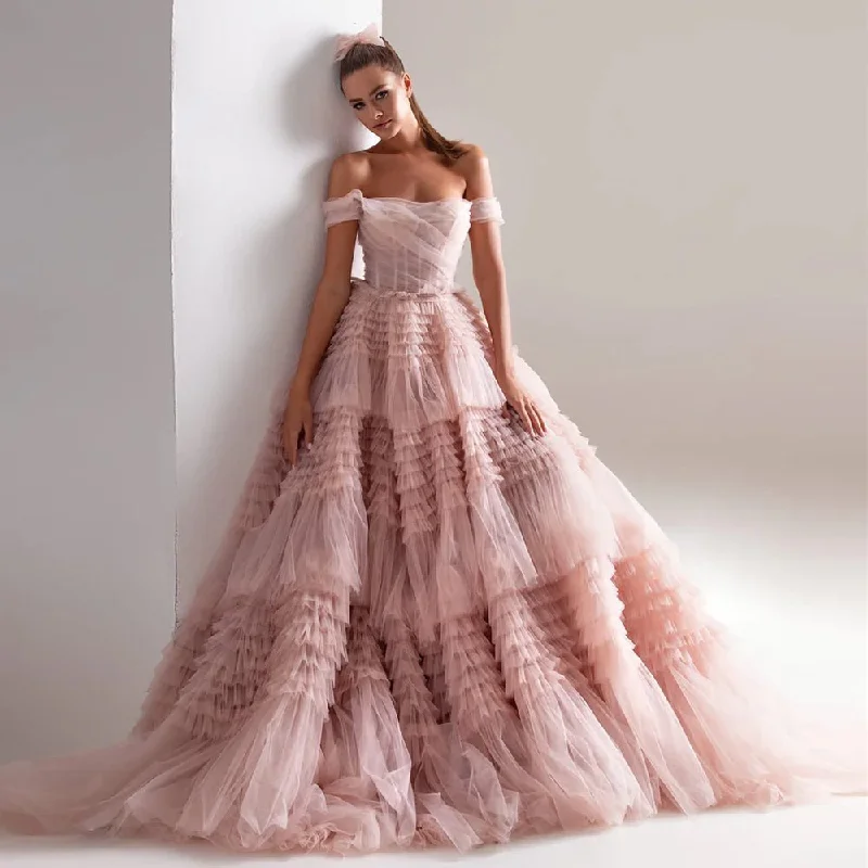 Rent Pink Off Shoulder Ruffles Wedding Dress