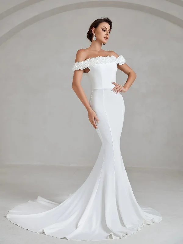 Ruffle Trim Off Shoulder Mermaid Hem Wedding Dress