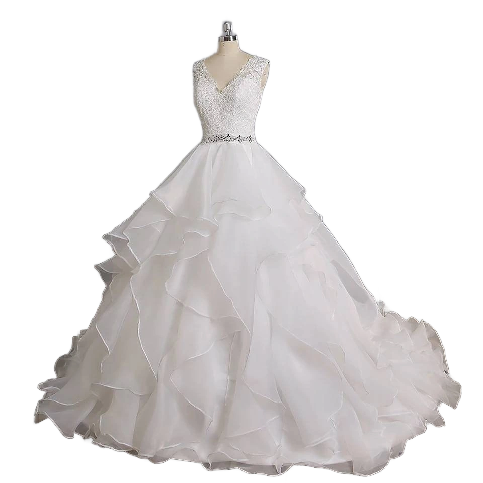 Layered Tulle Skirt Wedding Ballgown Dress Lace Top with Beaded Belt