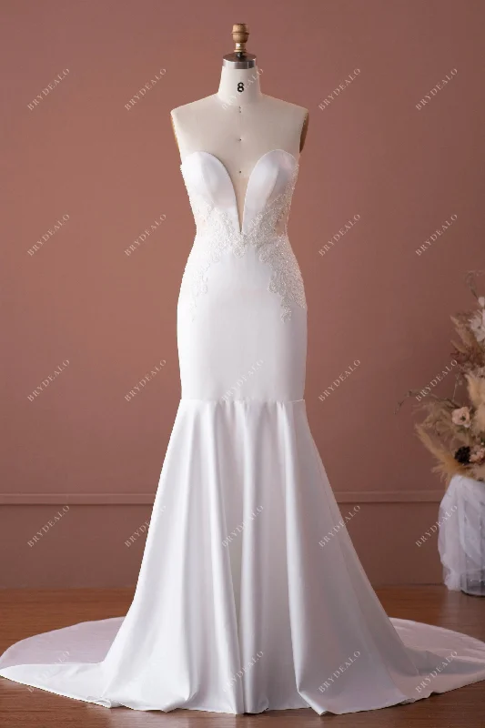 Elegant Satin Mermaid Beaded Plunging Strapless Wedding Dress