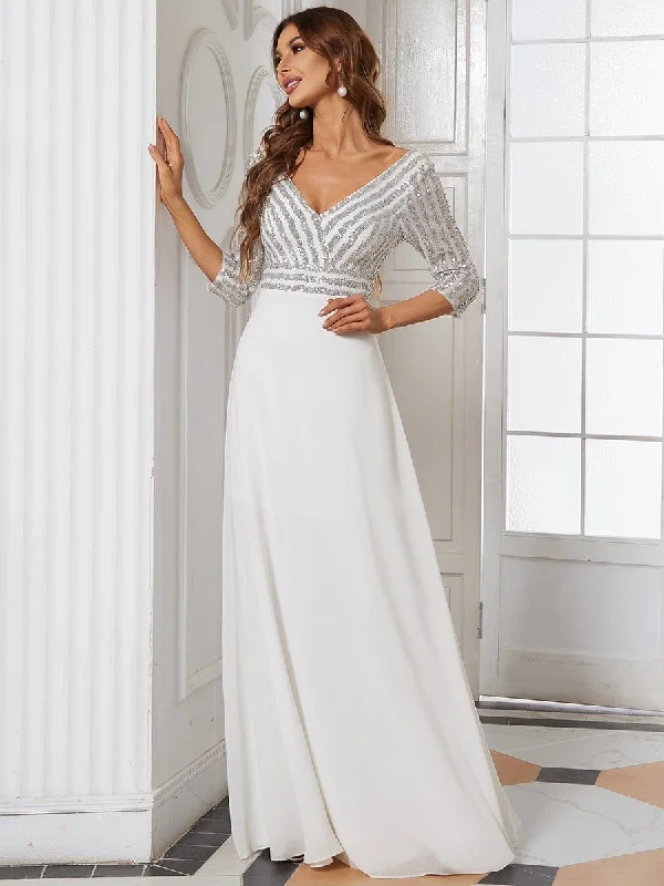 Shiny Sequin Bodice Long Flowy White Wedding Dress with Sleeves