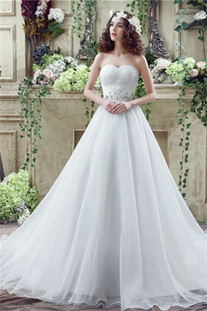 Strapless Beading Train Wedding Dresses With Crystals