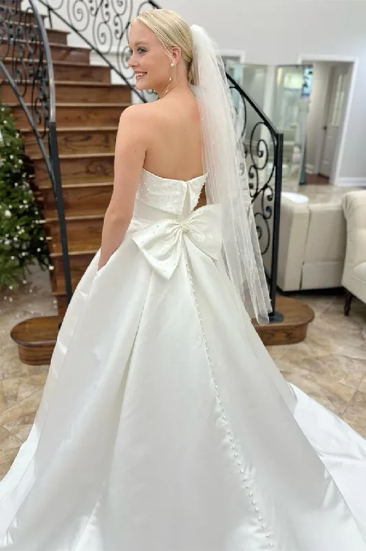 White Strapless Bow-Back Pearls A-Line Wedding Dress,DP1321