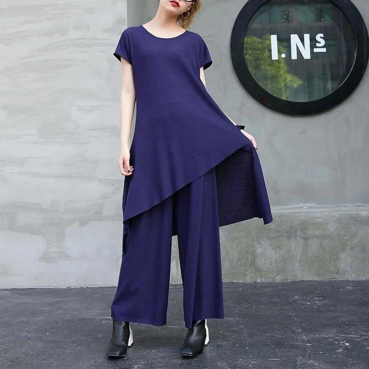 2018 new fashion cotton two pieces casual asymmetric hem tops and elastic waist wide leg pants