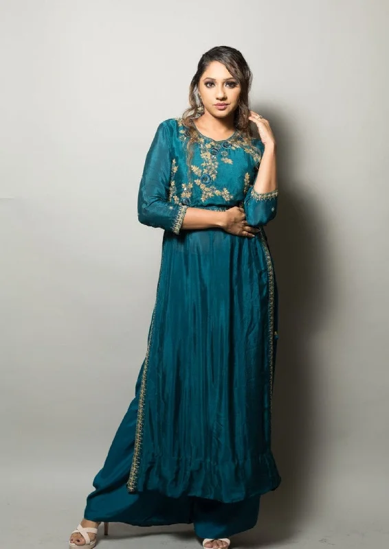 Teal Blue Long Kurti with Embroidery Work and Palazzo Pants