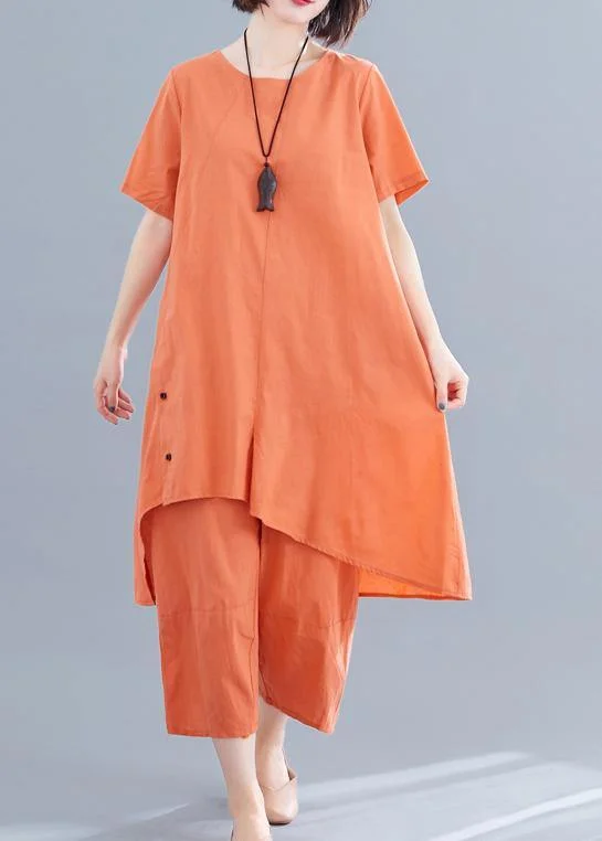 Korean version of the loose large size orange women's irregular tops + pants casual cotton and linen