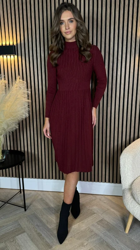 Lorelei Burgundy Ribbed Knit Pleated Midi Dress