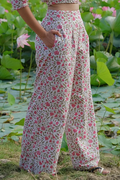 Okhai "Zinnia Zest" Hand Embroidered Handblock Printed Pure Cotton Pants