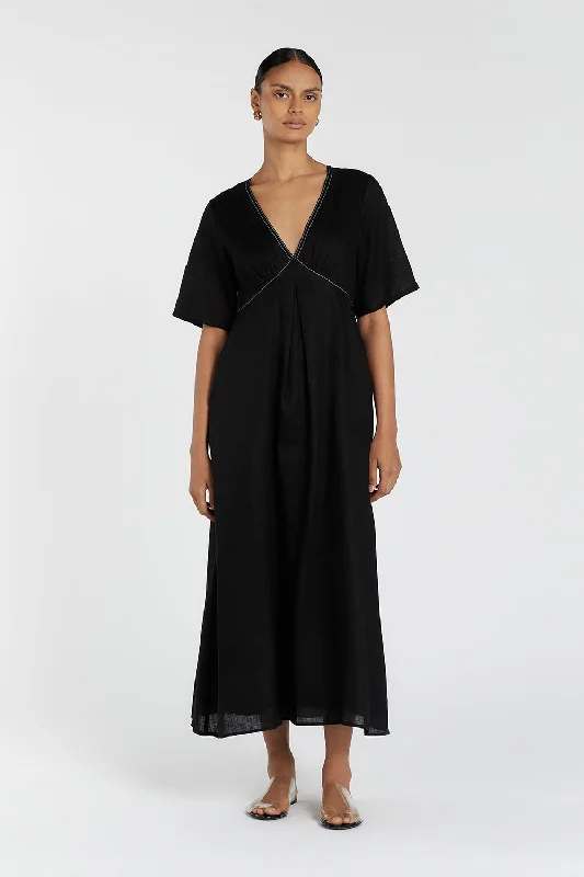 RHODES BLACK LINEN MIDI DRESS