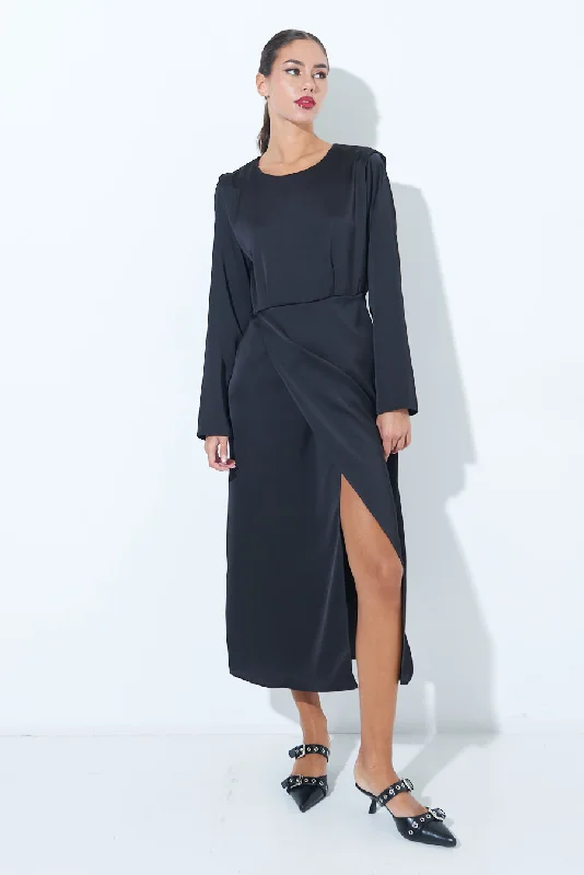 Satin long-sleeve midi dress with side slit wholesale