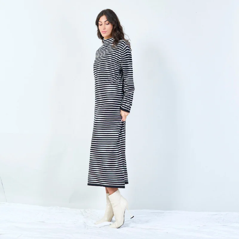 Striped turtleneck midi dress wholesale