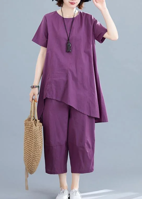 Summer new loose large size women's purple fashion irregular short-sleeved shirt + pants casual cotton and linen