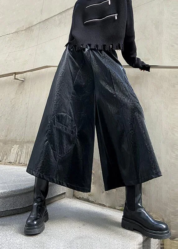 Wide leg pants women's high waist straight tube casual PU leather pants 2024