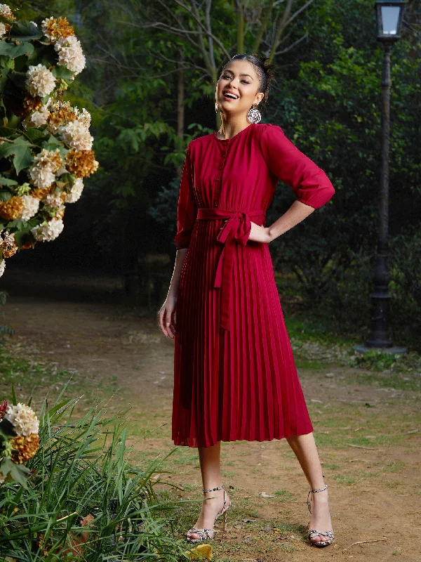 Women Maroon Accordion Pleated Belted Midi Dress