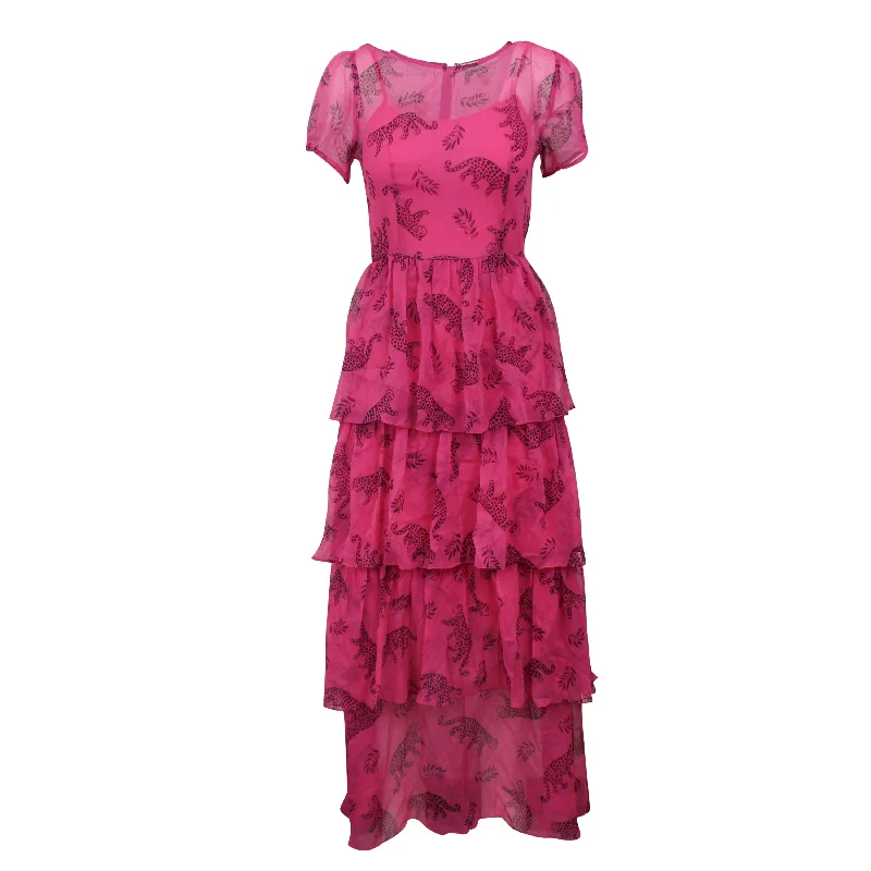 HVN HOT PINK TARZAN LEOP BRYNN CHIFFON TIERED GOWN