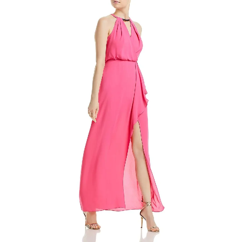 Womens Halter Cascade Ruffle Evening Dress