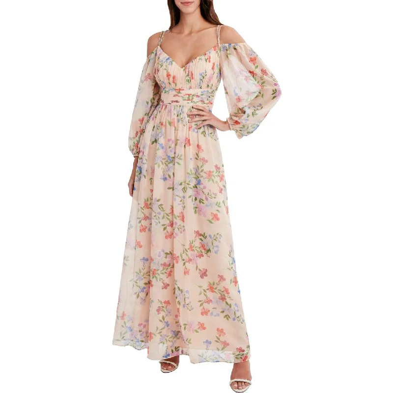 Jordyn Womens Floral Cold Shoulder Evening Dress