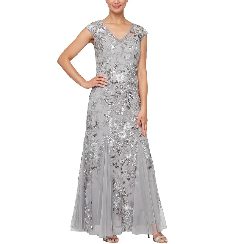 Petites Womens Sequined Full Length Evening Dress