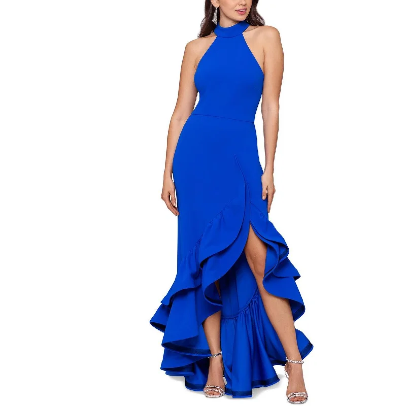 Womens Ruffled Split Hem Evening Dress