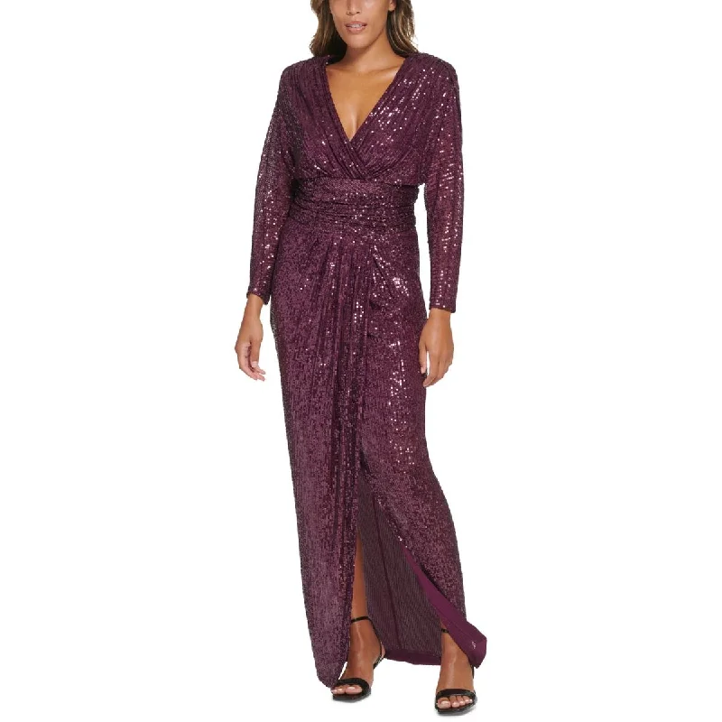 Womens Sequined Ruched Evening Dress