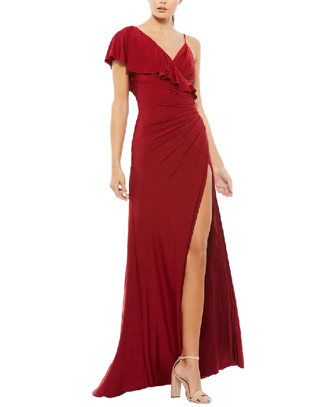 Mac Duggal Asymmetric Jersey Ruffled Cap Sleeve Gown