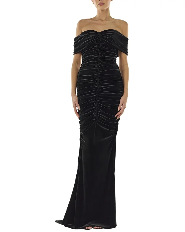 Monique Lhuillier Off The Shoulder Ruched Silk-Lined Gown