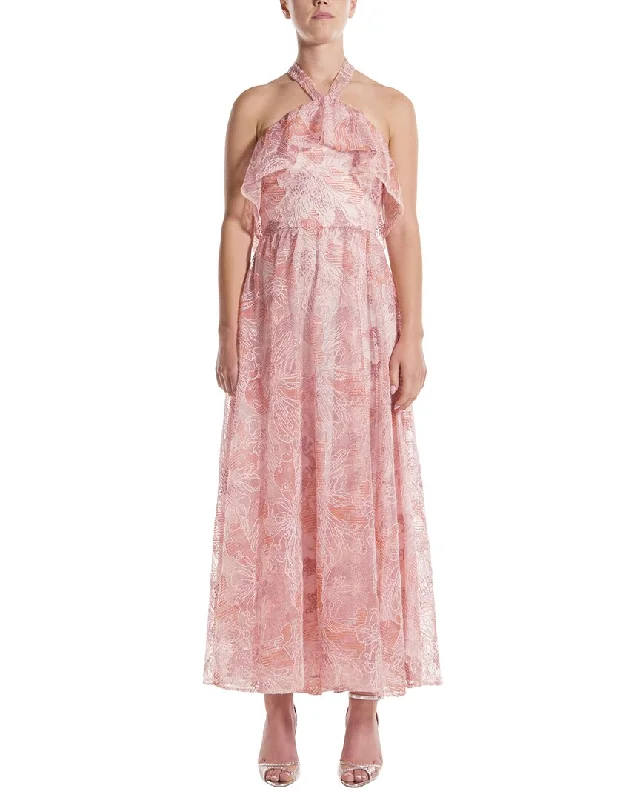 Monique Lhuillier Halter Ruffle Front Silk-Lined Cocktail Dress