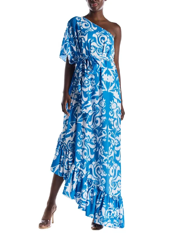 Monique Lhuillier One-Shoulder Printed Linen Caftan Gown