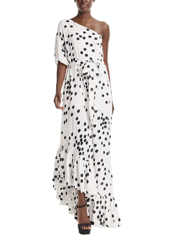 Monique Lhuillier One-Shoulder Polka Dot Caftan Gown